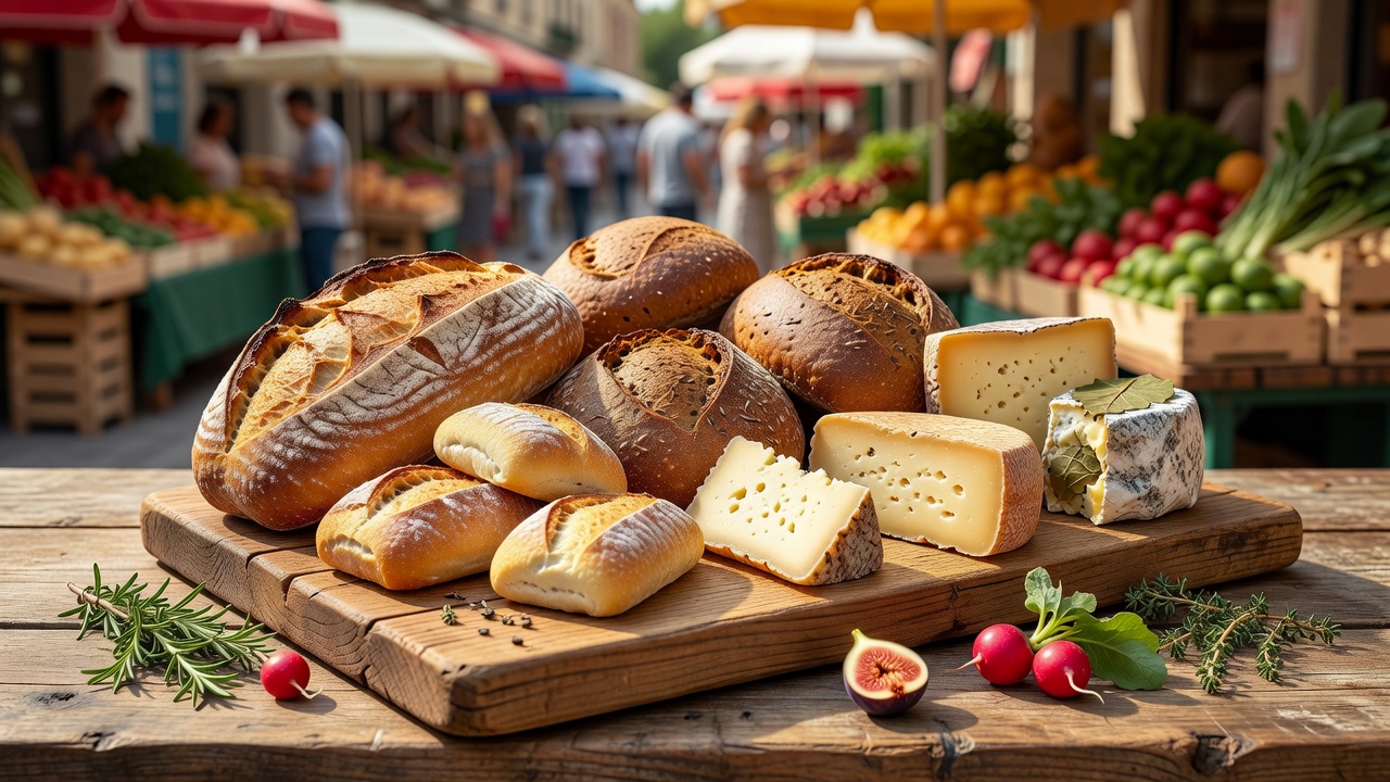 Artisan bread and local cheese arranged on a rustic wooden board at a European market