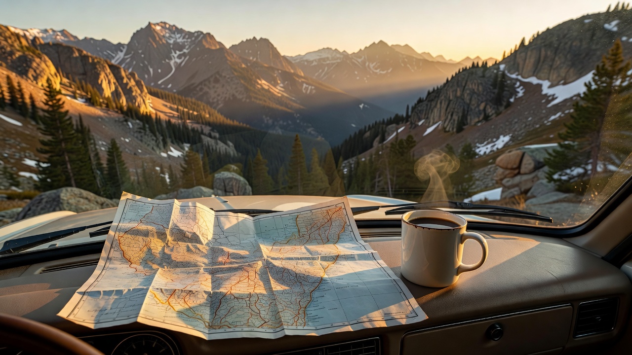 A cup of coffee and a paper map spread across the dashboard of a car overlooking a mountain pass