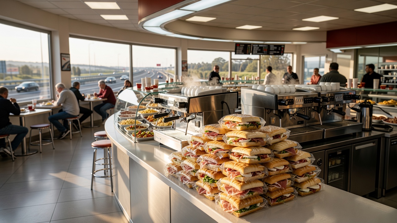 Interior of an Italian highway Autogrill showing stacked sandwiches and espresso machines